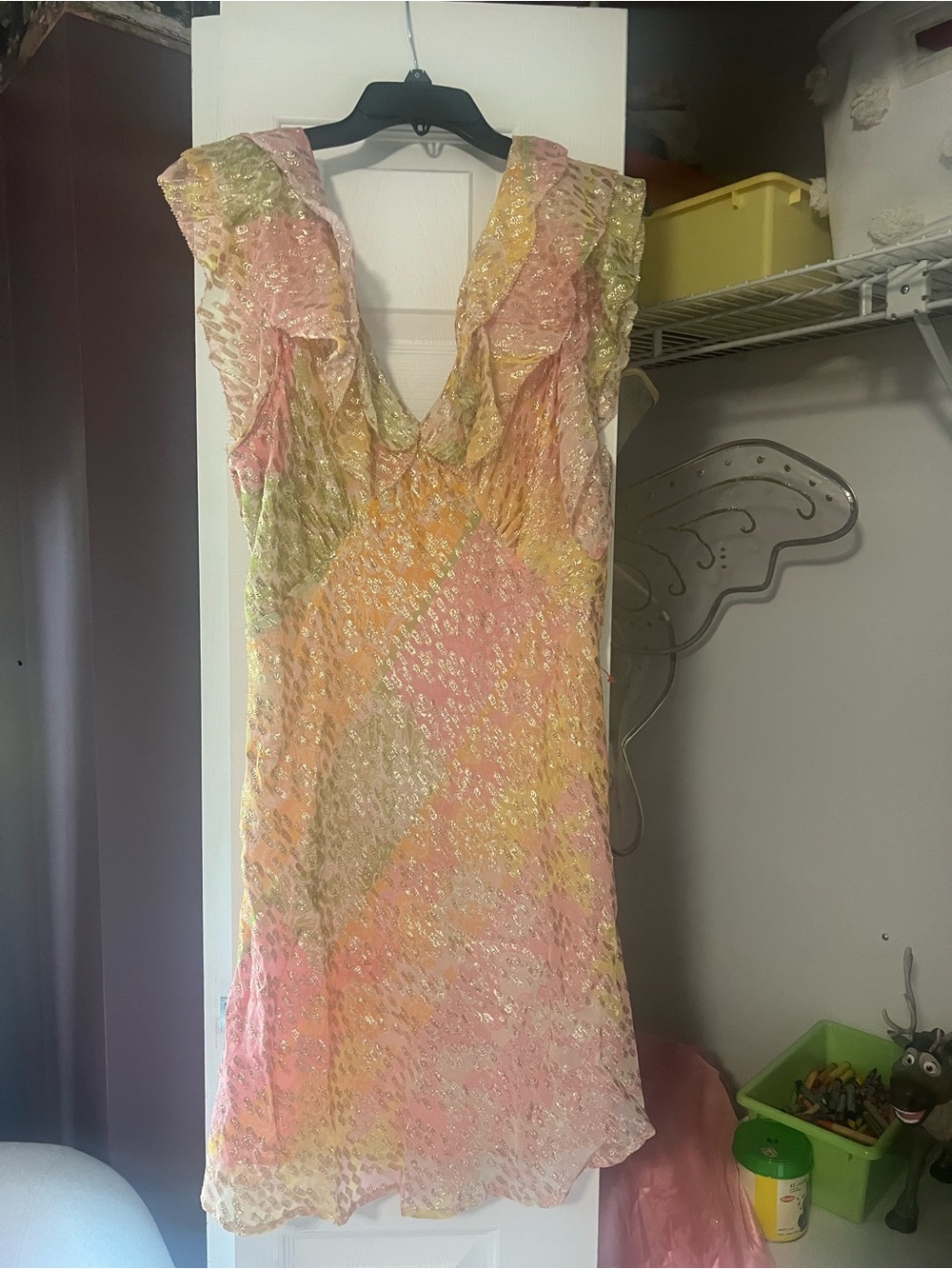 Never Fully Dressed Pastel Pink Yellow Green Ruffle V-Neck Mini Dress